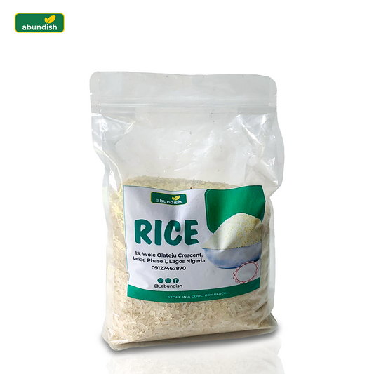 Bag of rice with 'abundish' branding on a white background